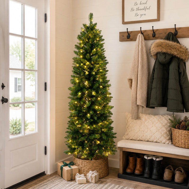 Pre-Lit Pencil Christmas Tree, 4.5-9ft Prelit Noble Fir Slim Artificial Tree with  Warm White LED Lights, PVC Branch Tips, Perfect for Small Spaces & Corner Decor, Foldable Metal Stand