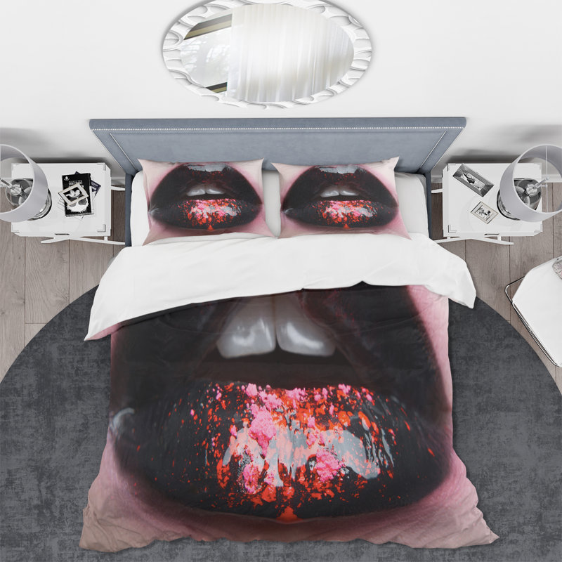 Plump Woman Lips With Black and Pink - Ensemble de housse de couette moderne - Microfibre de polyester