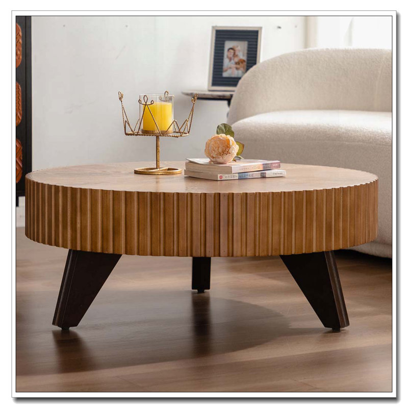 35.4 "Round Retro Coffee Table, Natural Top/Black Base