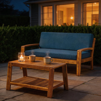 Ensemble de conversation d'extérieur en bois d'acacia 2 pièces, causeuse et table basse à deux niveaux avec coussins résistants à l'eau, ensemble de meubles de patio rustique minimaliste d'une capacité de 350 lb