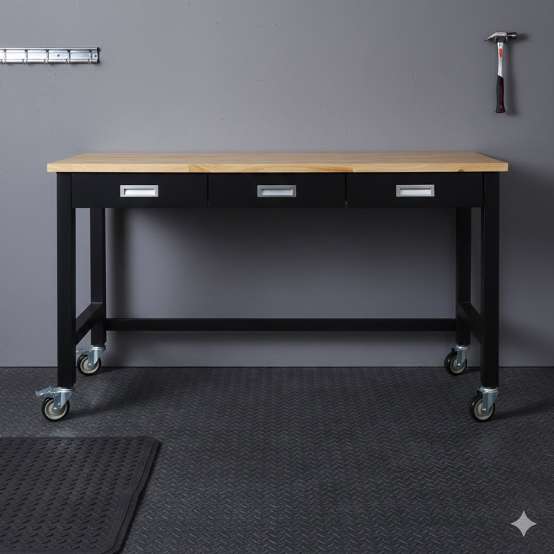 Banc de travail de 60 pouces, établi avec rangement de tiroir, table en bois de bambou robuste sur roulettes pour le garage, la maison, le bureau