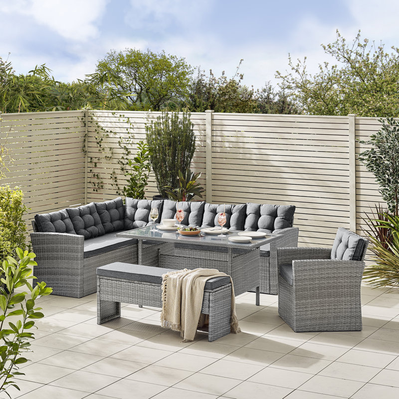 Deklan 9 Person Outdoor Garden Dining Set - PE Rattan Corner Sofa Lounge Set Modern Patios, Gray