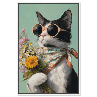 Chat avec bouquet, reproduction d'art sur toile, animaux de compagnie par Glam Art Remedy, cadre blanc, 24 x 36