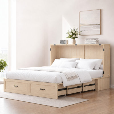Lit escamotable Queen Size avec station de recharge et tiroirs de rangement, chêne clair