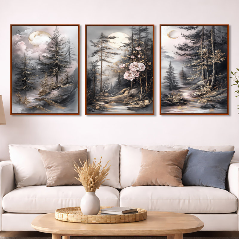 Décoration murale 3 pièces arbres de pin givrés et clair de lune - Forêt dorée, H 32 po x l 72 po, Cadre flottant brun