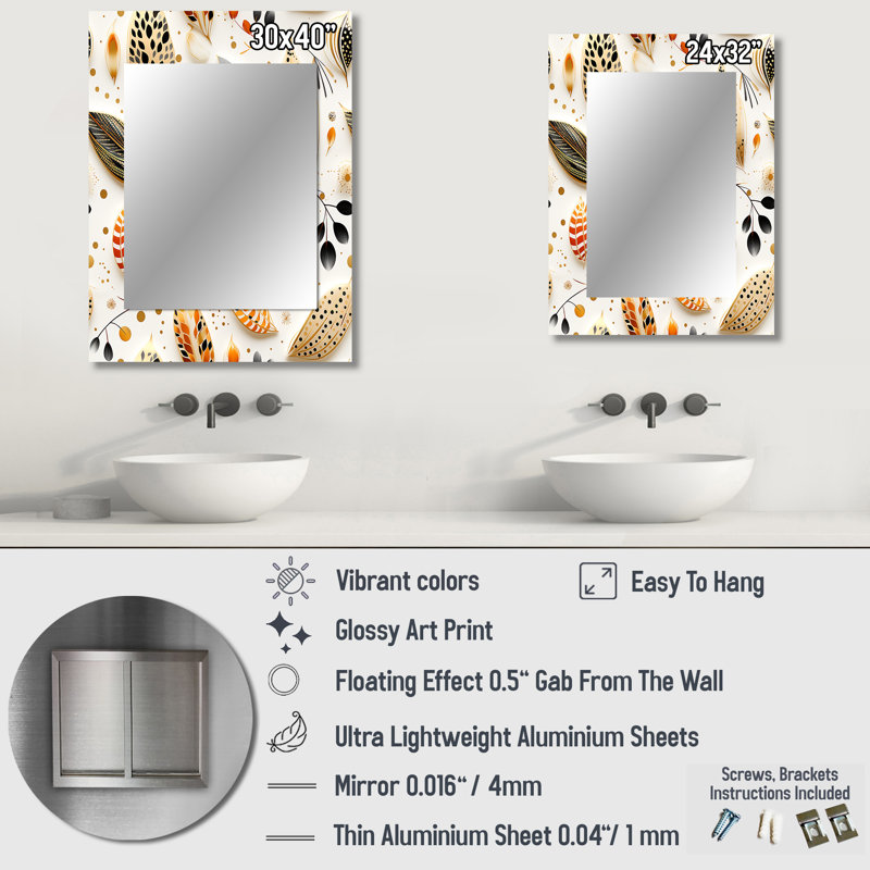 Jokic Boho Chic Botanical Stone - boho  Large Wall Mirror, Boho Decorative Mirror, Printed Metal Art, 32" x 24"