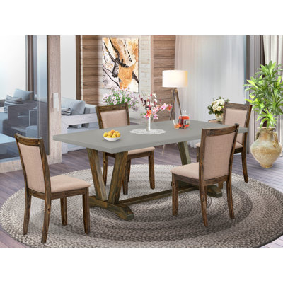 5-Piece Set Includes a Cement Rectangular Table and 4 Dark Khaki Linen Fabric Parson Chairs with High Back - Distressed Jacobean Finish