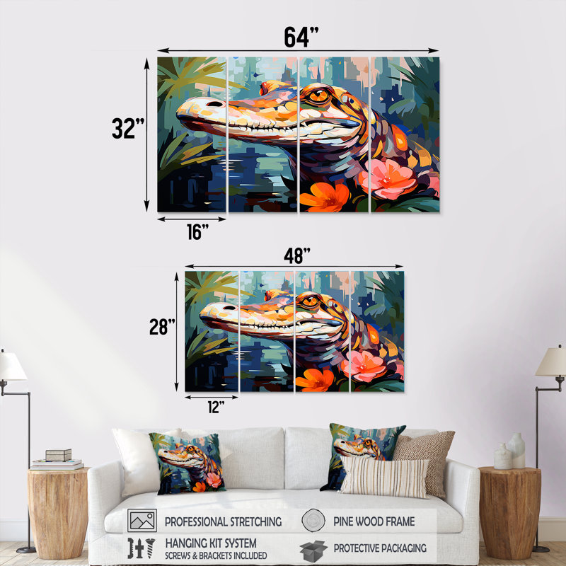 Popart alligator Blooms III - Alligator / crocodile, art mural 4 pièces, H 32 po x l 64 po