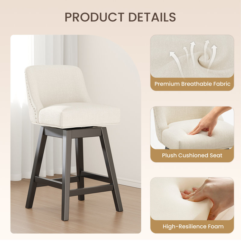 Swivel Upholstered Counter Stool with Solid Wood Frame, Beige, 4
