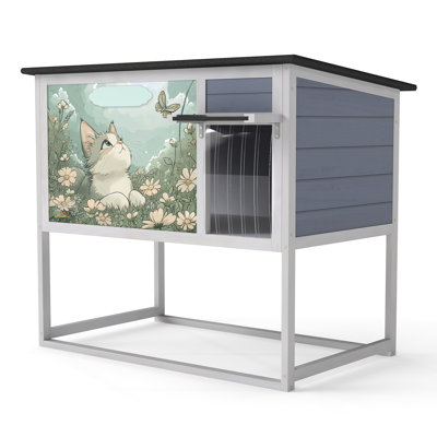Outdoor Cat House, Elevated Shelter, High Legs, Curtained Entrance, Escape Door, Openable Roof, Pinewood With Asphalt Roof Design, Gray Panel, Hinged