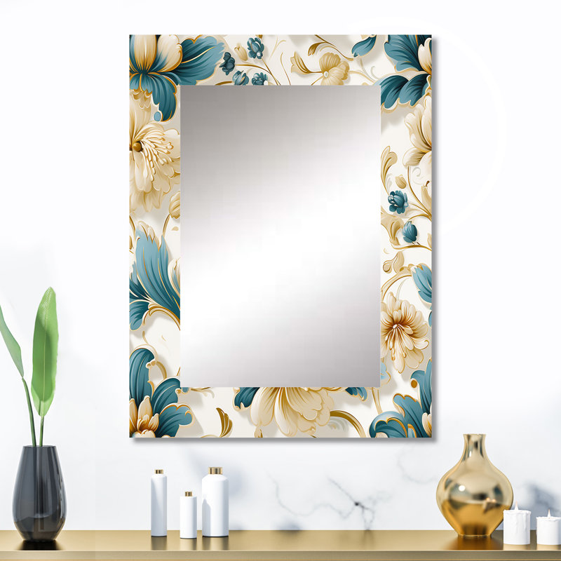 Boorman Victorian Blue And White Flowers Damask - damask  Wall Mirror, Damask Decorative Mirror, Printed Metal Art, 32" x 24"