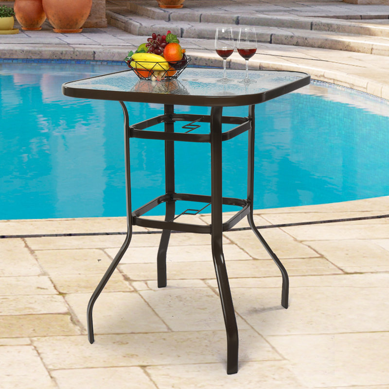 Kiyo Square Outdoor Bar Table With Umbrella Hole , 31.5'' in. W 31.5'' in. D, Brown