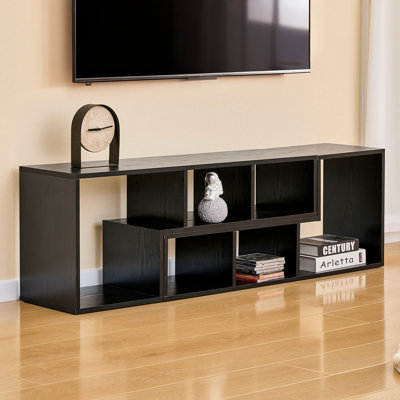 Modern Black Wood Grain TV Stand - Expandable Media Console And Entertainment Center With Open Storage Shelves