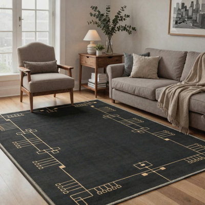 Tapis noir lavable à la machine à motif géométrique avec envers antidérapant Art Deco