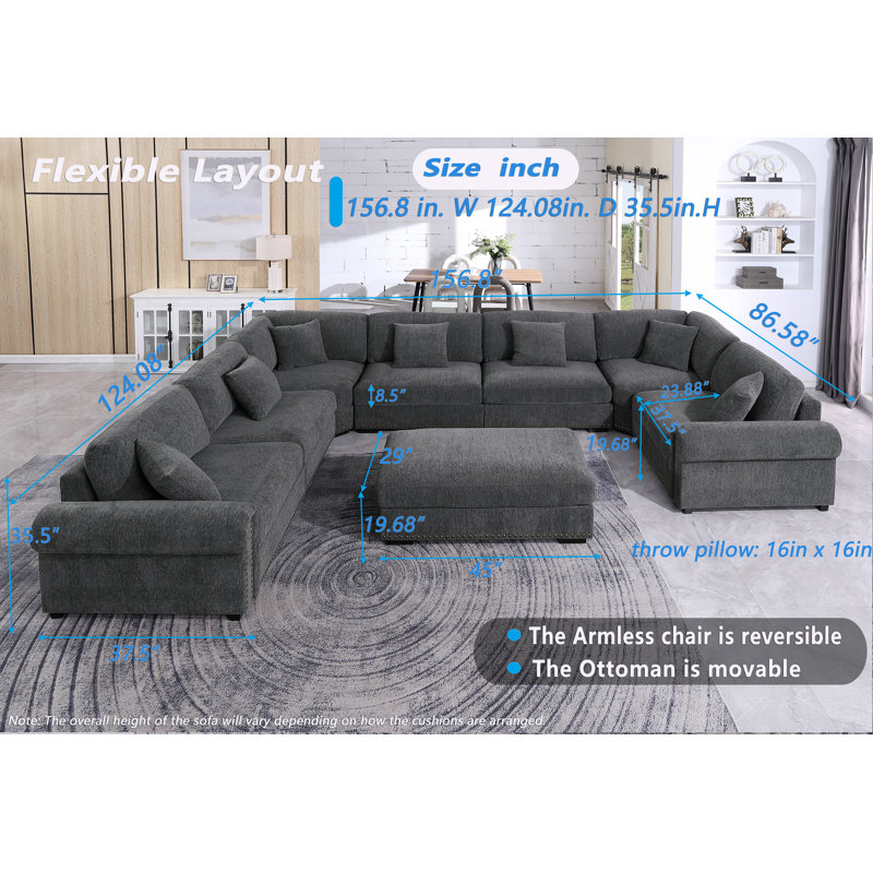 Modular Large 8 Seats Roller Arms Nailheads Cloud Couch Chenille Corner Sectional Sofa,  Dark Gray Chenille