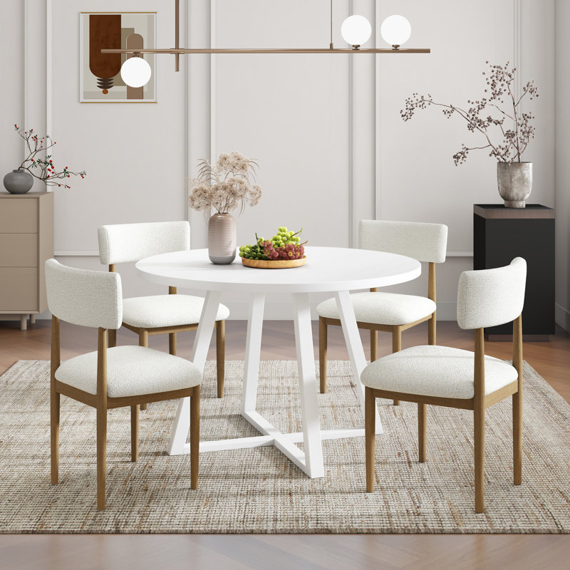 Ensemble de salle à manger 5 pièces Roundhill Furniture Evdo, table ronde à tréteaux et 4 chaises rembourrées, blanc et naturel
