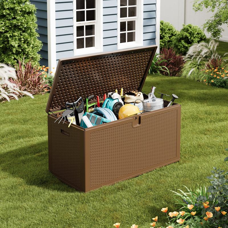 150 Gallon Large Deck Box, Outdoor Storage Box, Lockable Pool Storage Bin with Lid for Porch Patio Garden Backyard, Brown