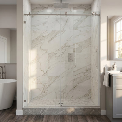 56-60"W x 76"H Sliding Shower Door｜8mm Frameless Glass Shower Door ｜Brushed Nickel Hardware｜Drop Shipping availabl｜Towel Bar and Handle
