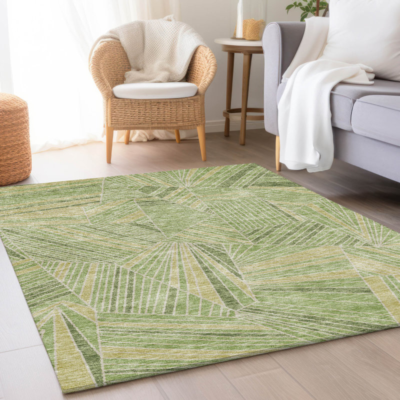 Premium Machine Washable Prisco Green Rug, Rectangle 5' x 7'6"
