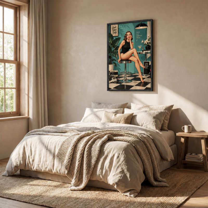 Art mural rétro sur toile, femme assise sur un tabouret chromé, H 36 po x l 24 po