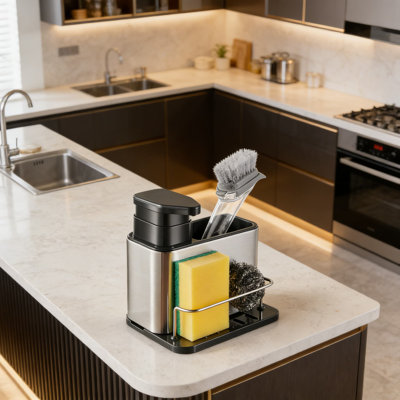 3-In-1 Soap Dispenser And Sink Organizer With Sponge Holder, Stainless Steel Kitchen And Bathroom Sink Caddy For Dish Soap And Scrubber