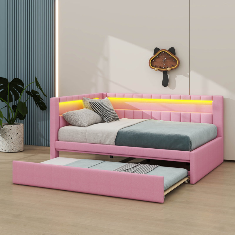 Lit plateforme double entièrement rembourré avec connectivité USB, éclairage à DEL et lit gigogne, Rose