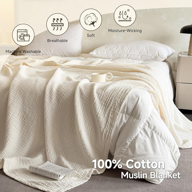 Couverture 100% mousseline de coton, 60" L x 50" W, Blanc cassé