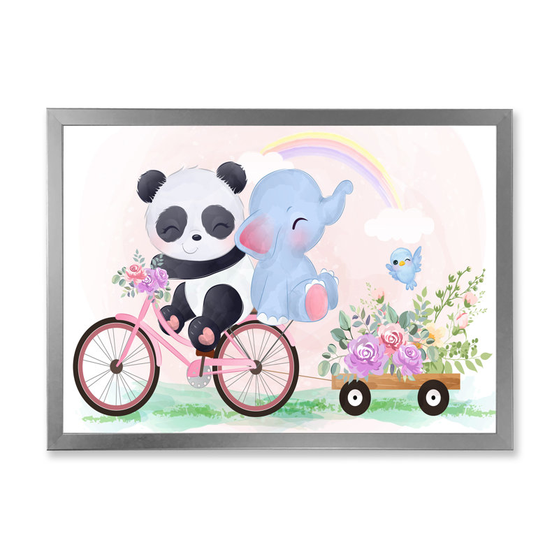 Mignon panda et éléphant sur un vélo - Cadre photo, impression sur toile, H 16 po x l 32 po x P 1 po, Cadre photo argenté