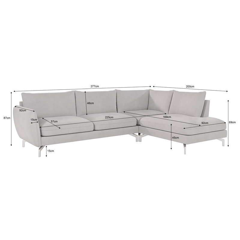 Modern L-Shape Corner Sofa  with Silver Metal Legs, Silver, Right Hand Facing