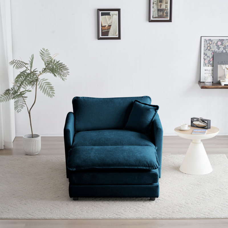 Fauteuil d'appoint moderne avec repose-pieds, fauteuil club et fauteuil de lecture en chenille, Bleu