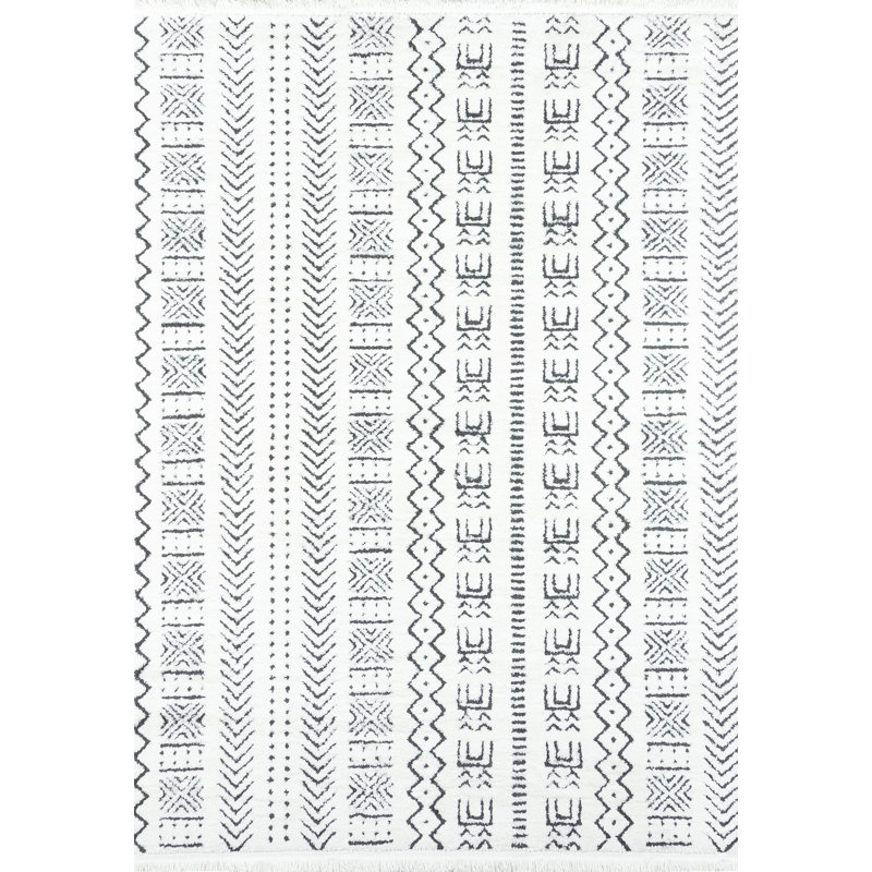 Ivory and Charcoal Geometric Stripe Synthetic Area Rug