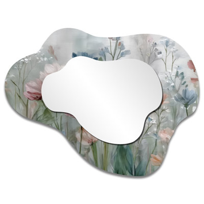 Large Cottage Cloud-Shaped Accent Mirror – Green Blue Wildflower Meadows, Metal Print