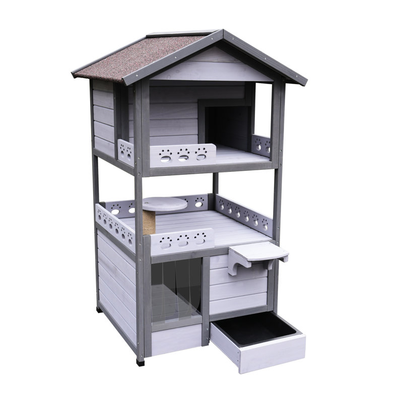 Maison pour chat en plein air - Villa en bois massif de 3 étages avec porte de rideau et bac à litière pour plusieurs félins et trois plateformes de saut pour chatons