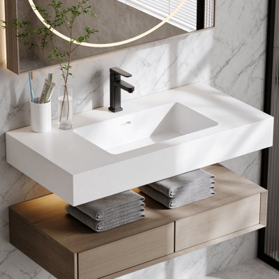 KAKUSIGA BB02-36-101, Vasque intégrée en surface solide SANS bonde ni robinet, couleur blanc brillant