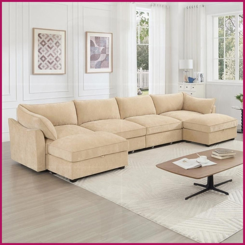 Canapé moderne en U en chenille à 4 places avec 2 repose-pieds Rangement sous le siège - Blé