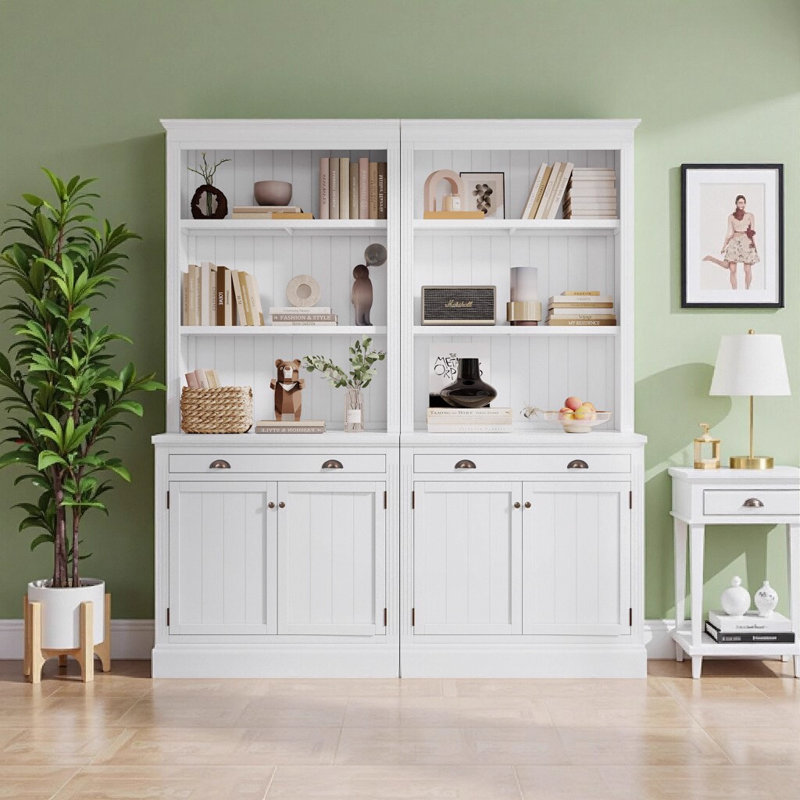 Ensemble de bibliothèque moderne blanche 83,4 "avec 3 bandes d'éclairage DEL, 2 tiroirs et 4 portes - Ensemble de 2 armoires de rangement en bois massif et en panneau de fibres à densité moyenne pour le salon / bureau à domicile