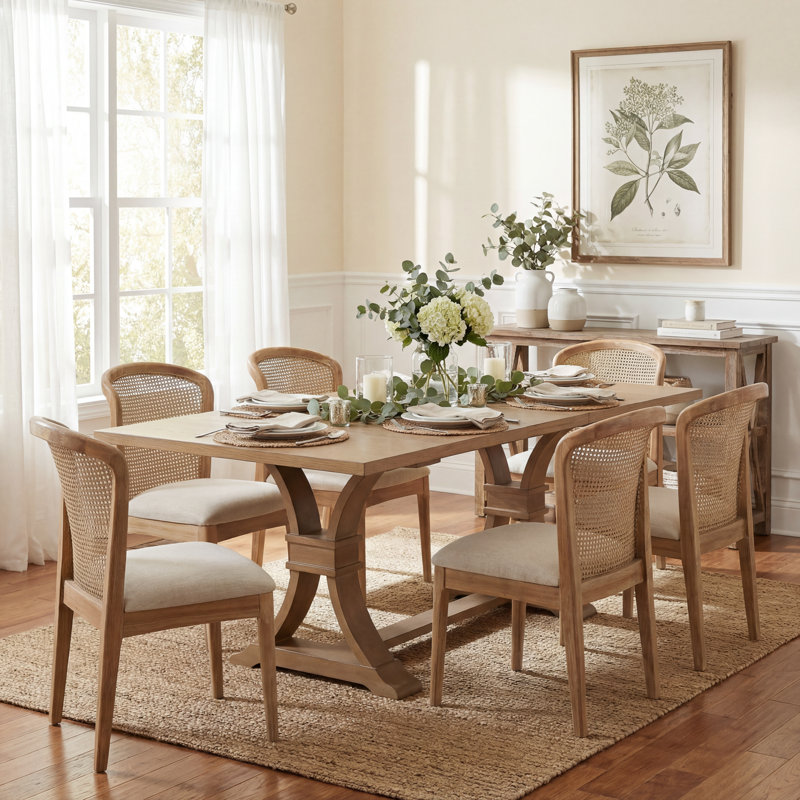 Danville 7-Piece Mid Century Modern Rubberwood Dining Table Set With Upholstered Seats, Light Ash