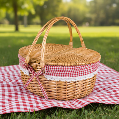 Red Wicker Picnic Basket With Lid. Sturdy And Durable With Washable Checkered Fabric Lining. Portable Handle Suitable For Picnics And Outdoor Use.