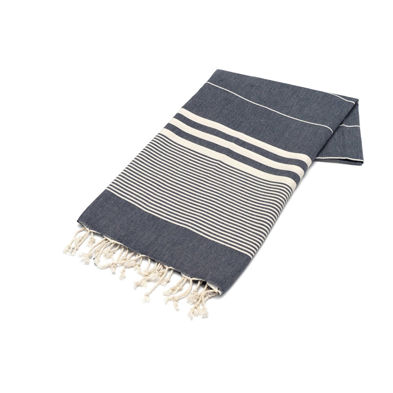 Serviette de plage 100% coton Clery, Bleu marine / écru