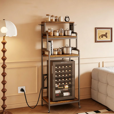Mini-réfrigérateur à 4 niveaux avec rangement, armoire avec prise de courant et panneau perforé, support de boulanger pour four à micro-ondes, tablette robuste pour dortoir, brun rétro