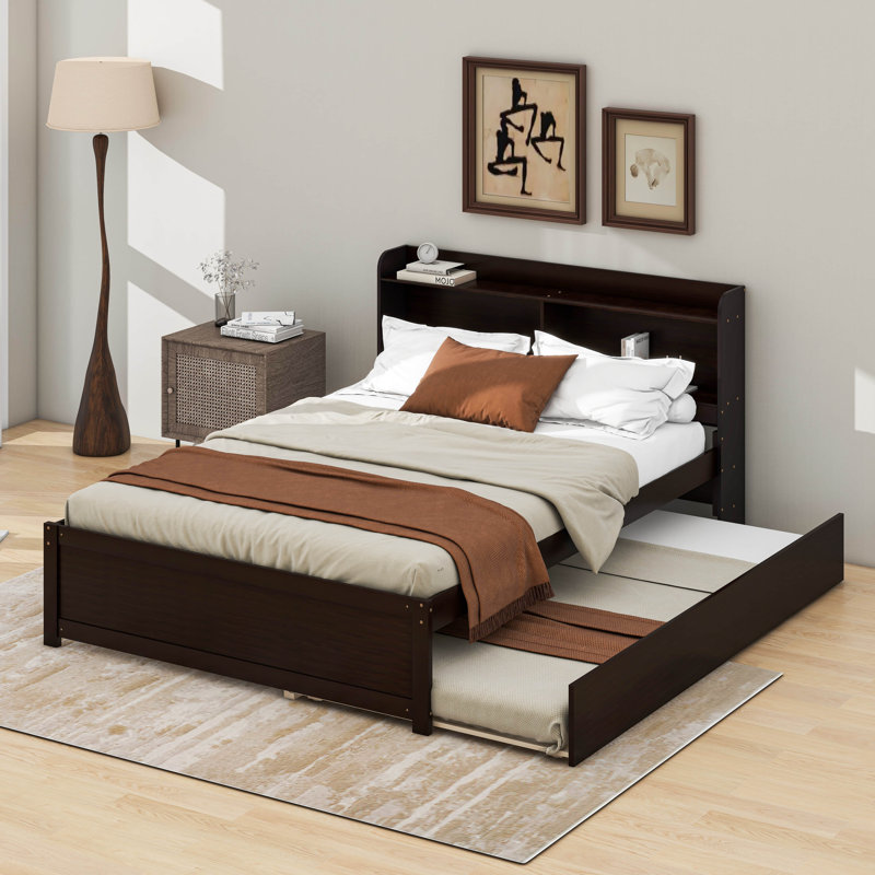 Full Bed Frame With Storage Headboard, Trundle Bed, Espresso