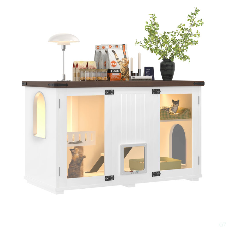 Enceinte de litière pour chat 47,25 po avec lumière DEL, meubles cachés pour litière, maisonnette pour chat avec escalier et griffoir pour chat, table d'appoint pour chat avec portes intelligentes pour le salon, blanc