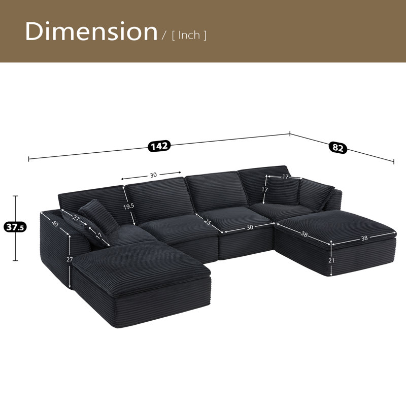 Canapé modulaire entièrement compressé de 142 po x 82 po, en forme de U avec repose-pieds, velours côtelé de luxe avec coussin moelleux en largeur et profondeur