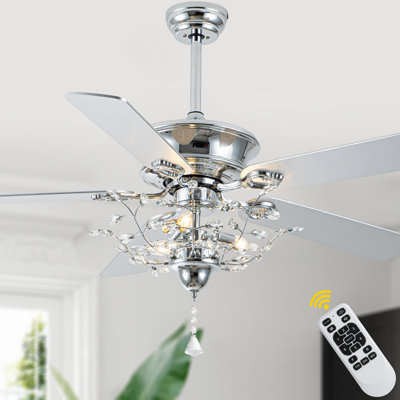 Ventilateur de plafond en cristal de luxe moderne avec finition chromée 52 "avec lumières et télécommande Engebretson