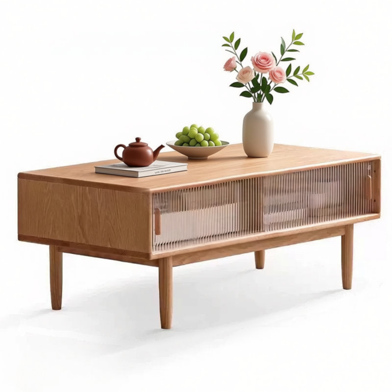 Table basse en chêne avec portes coulissantes en verre, style milieu du siècle, avec rangement pour salon, 100 cm (39,37 pouces).