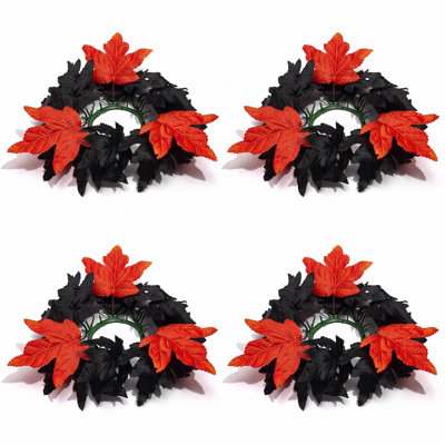 Couronne de feuilles d'érable artificielle 12,6 pouces, petite couronne de bougie en paquet de 4 avec feuilles d'érable orange et noires, mini couronne d'automne pour porte-bougie, centre de table, décor de Halloween