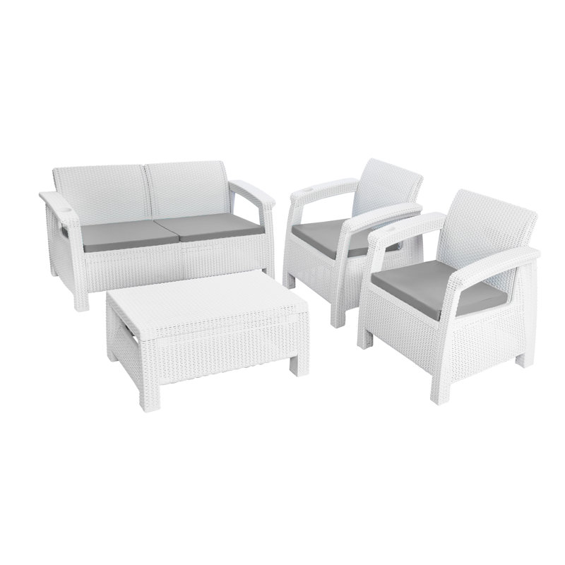 4 person 4 Pc Sofa Conversation Set with Cushions in White, White