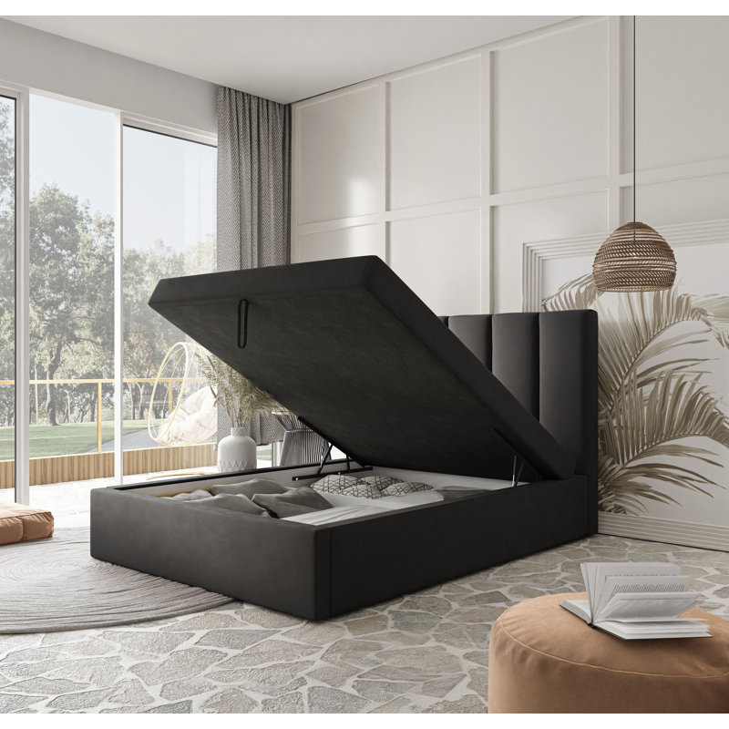 Box Spring Bed Jinesh with Bonell Mattress and Storage, 160 x 200cm, Black