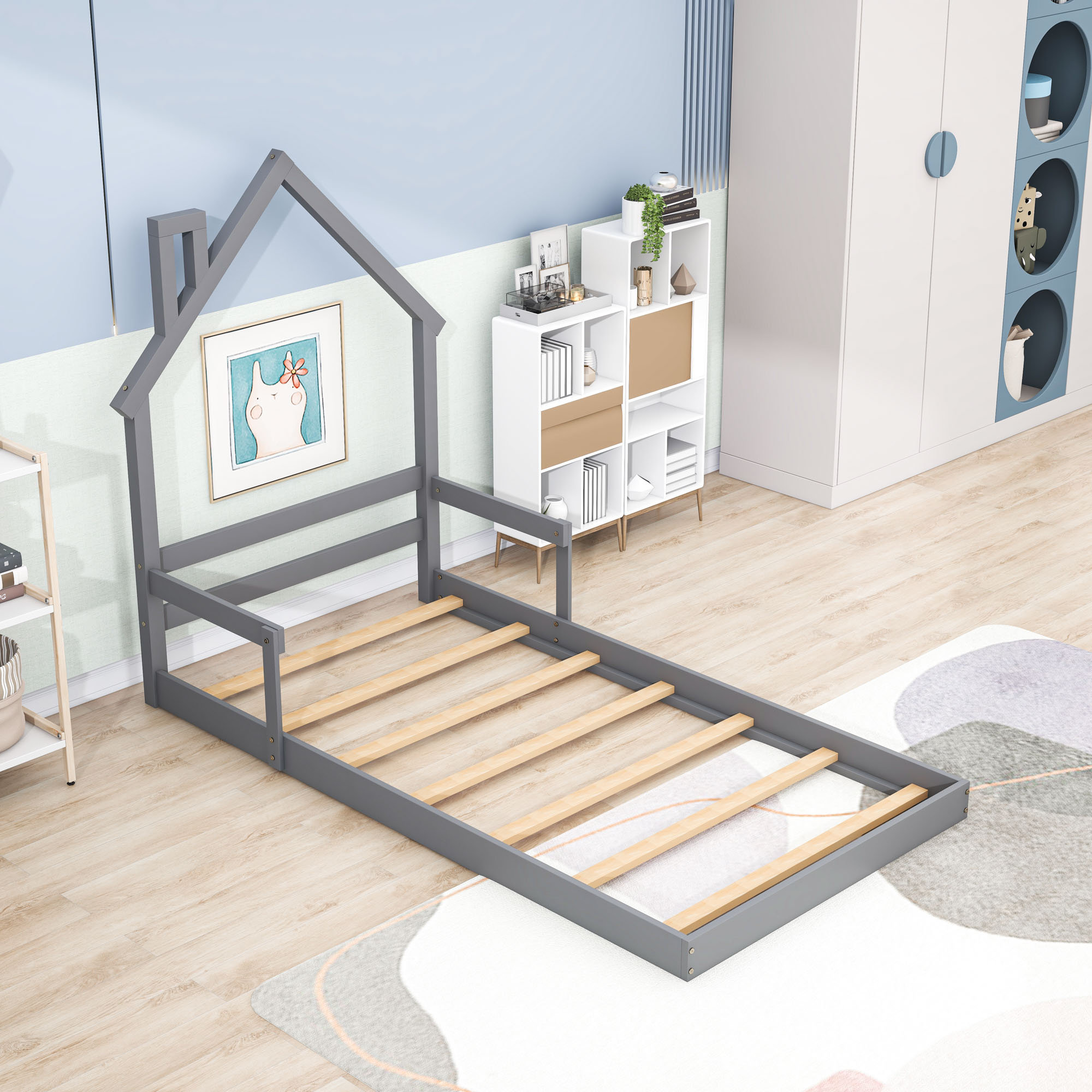 Twin House-Shaped Headboard Floor Bed with Handrails ,slats ,Natural
