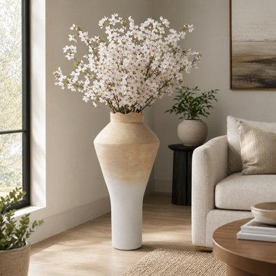 Sculptural Two-Tone Terracotta Table Vase For Home & Office Decor - Tall Vase For Living Room Tabletop Flower Arrangement - White & Brown